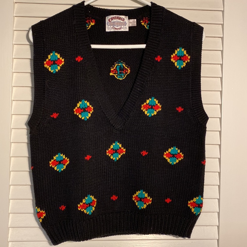 Vintage black knit sweater vest, V- neck, colorful diamond shape designs, Small
